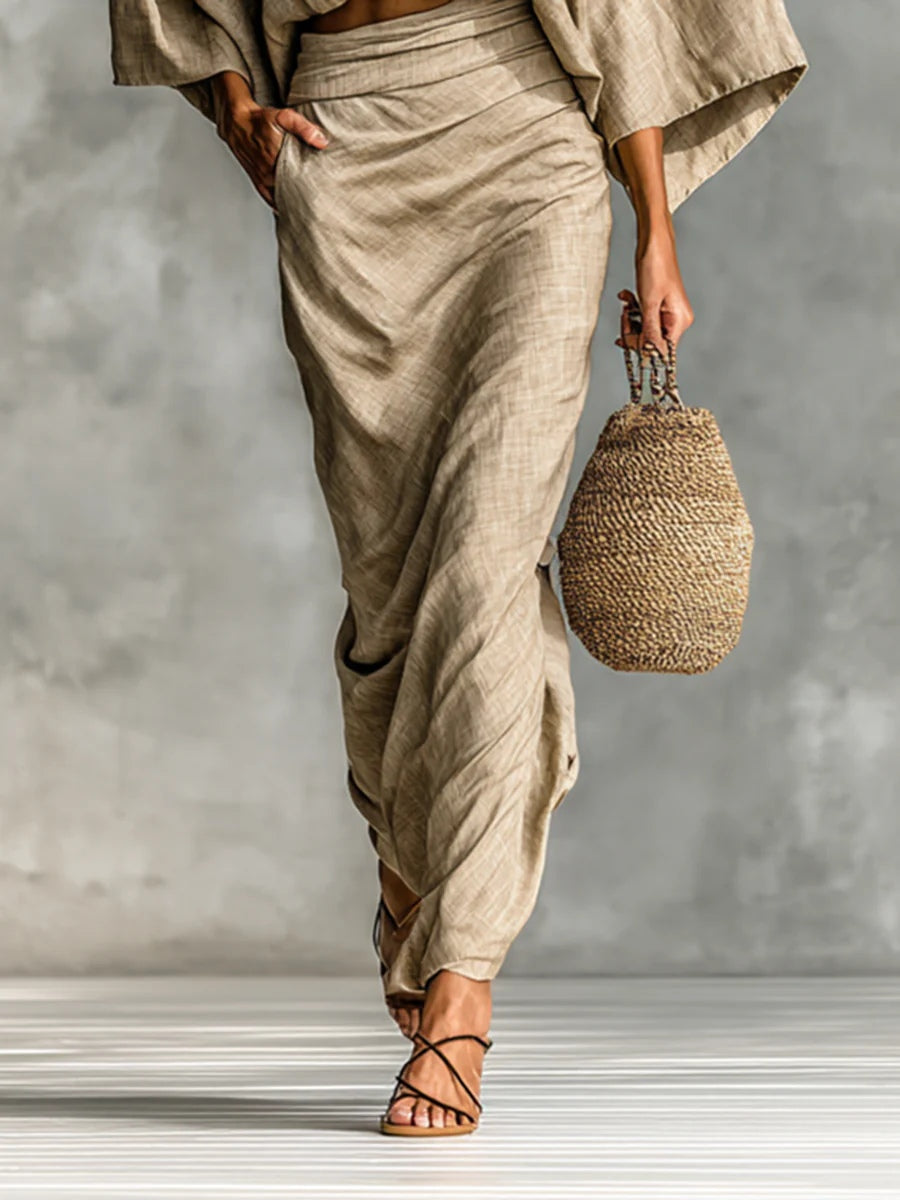 JULIA | Relaxed Batwing Top and Draped Maxi Skirt Set