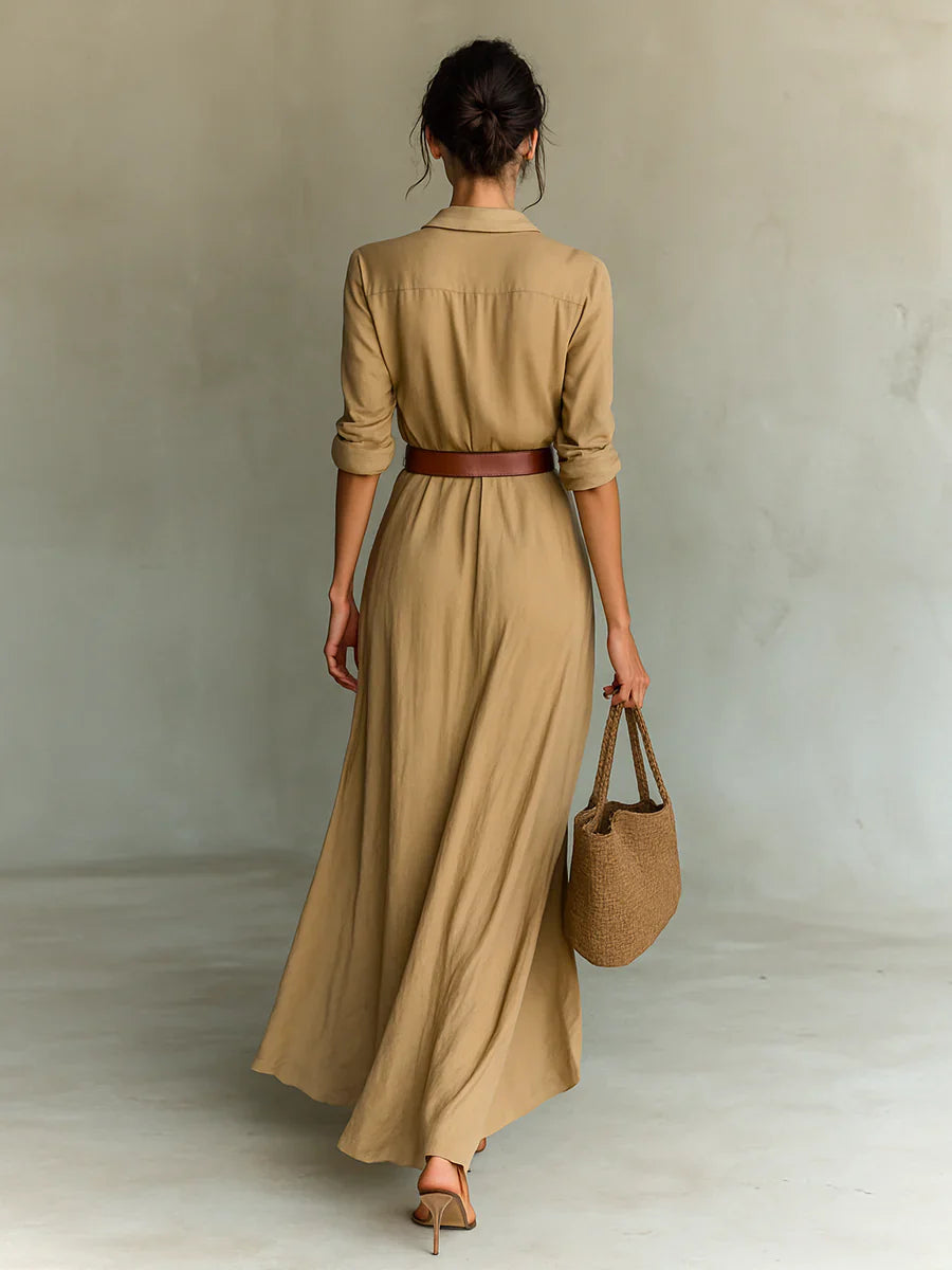 Deep V-neck Long-sleeve Draped Maxi Dress with Belt