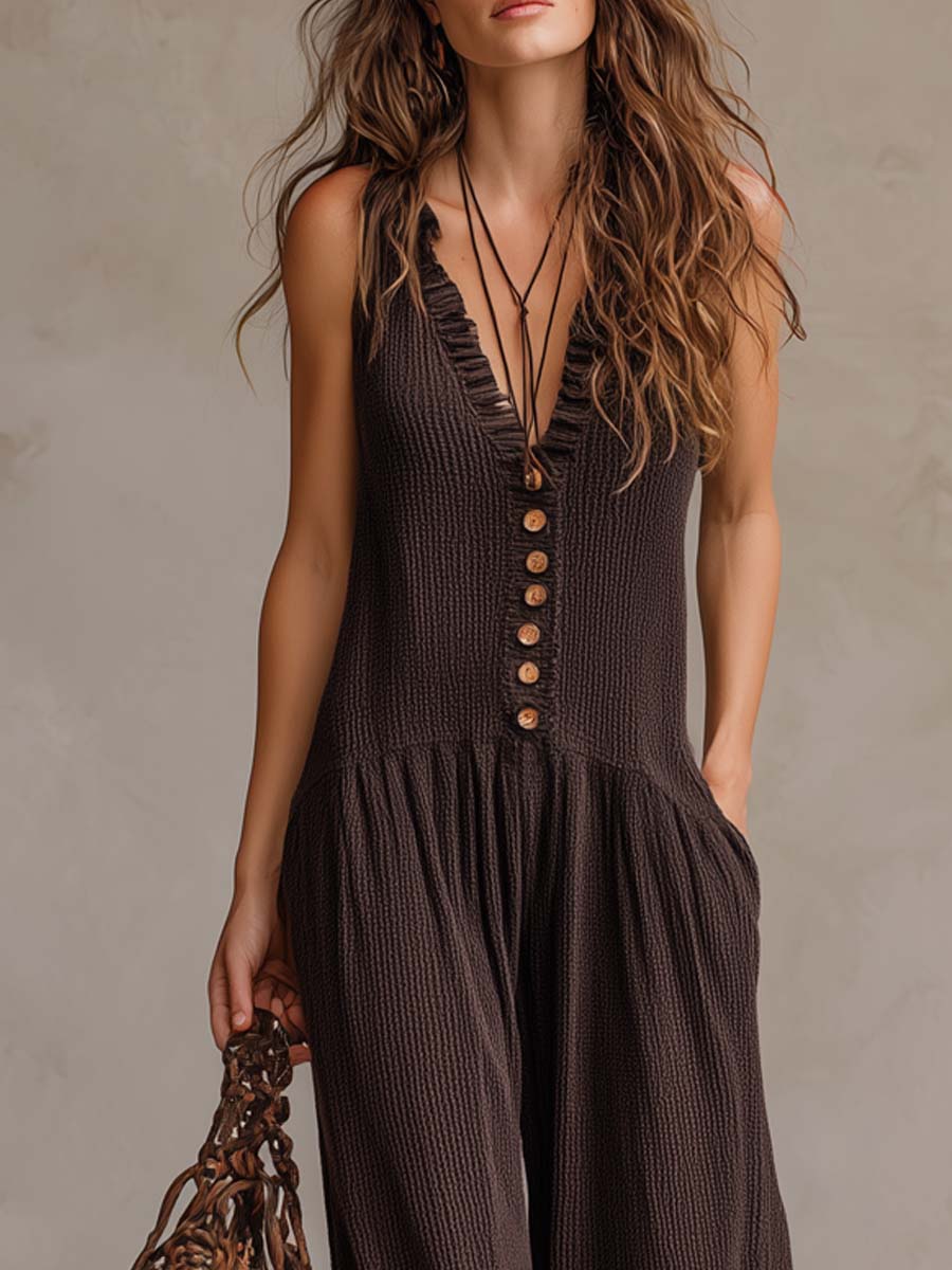 Retro Ruched Neck Knitted Jumpsuit