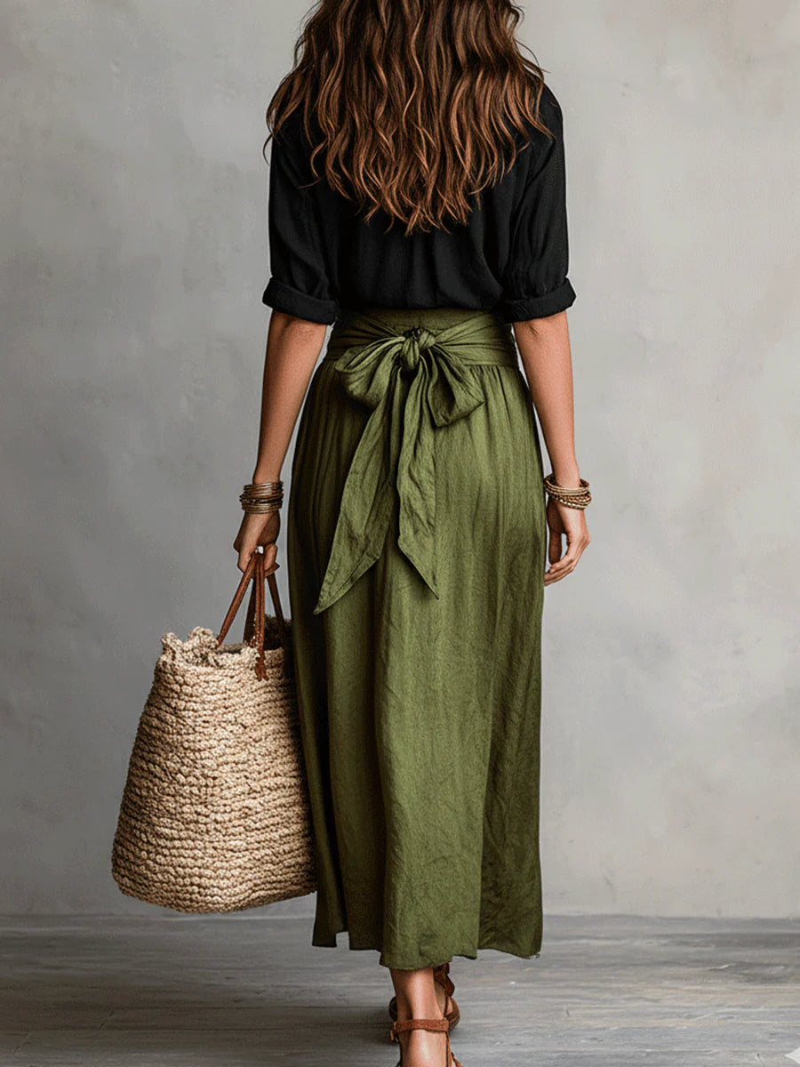 ROSALIE | Black Shirt and Olive Midi Skirt Two-piece Set
