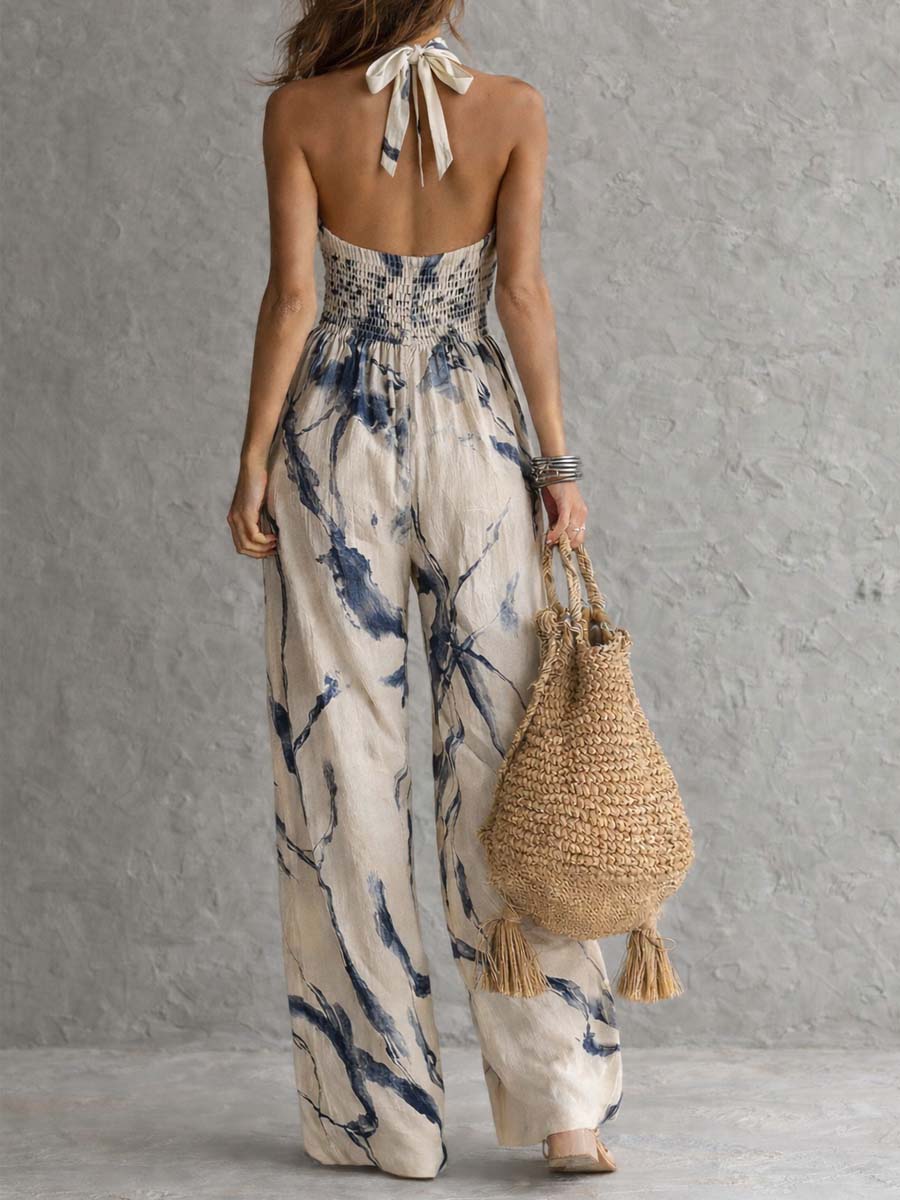 Halter neck Ink wash Print Wide-leg Jumpsuit With pockets