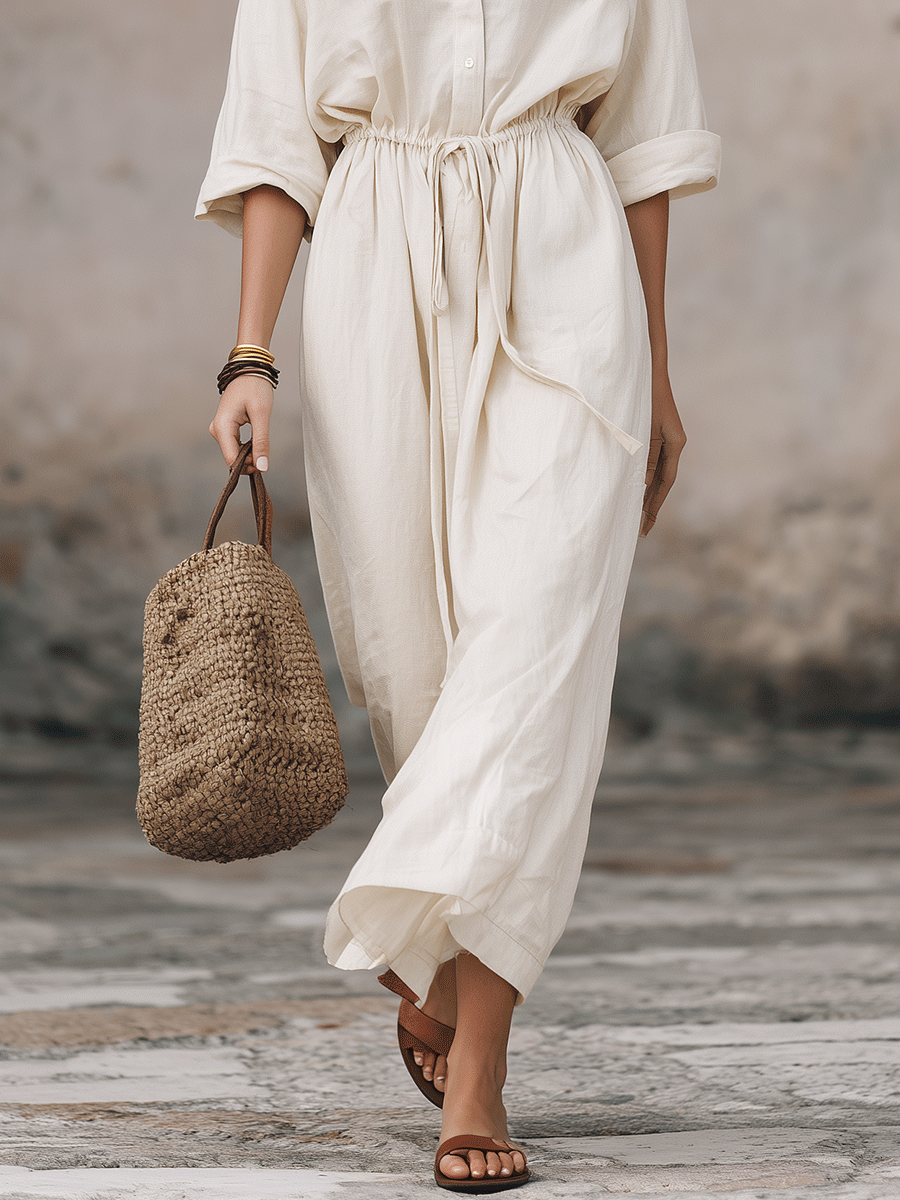 Effortless Bohemian Shirt Maxi Dress With Drawstring waist