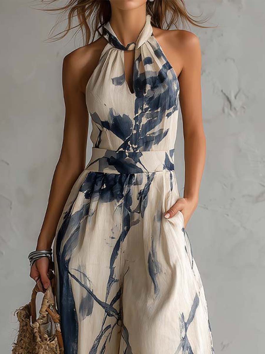 Halter neck Ink wash Print Wide-leg Jumpsuit With pockets