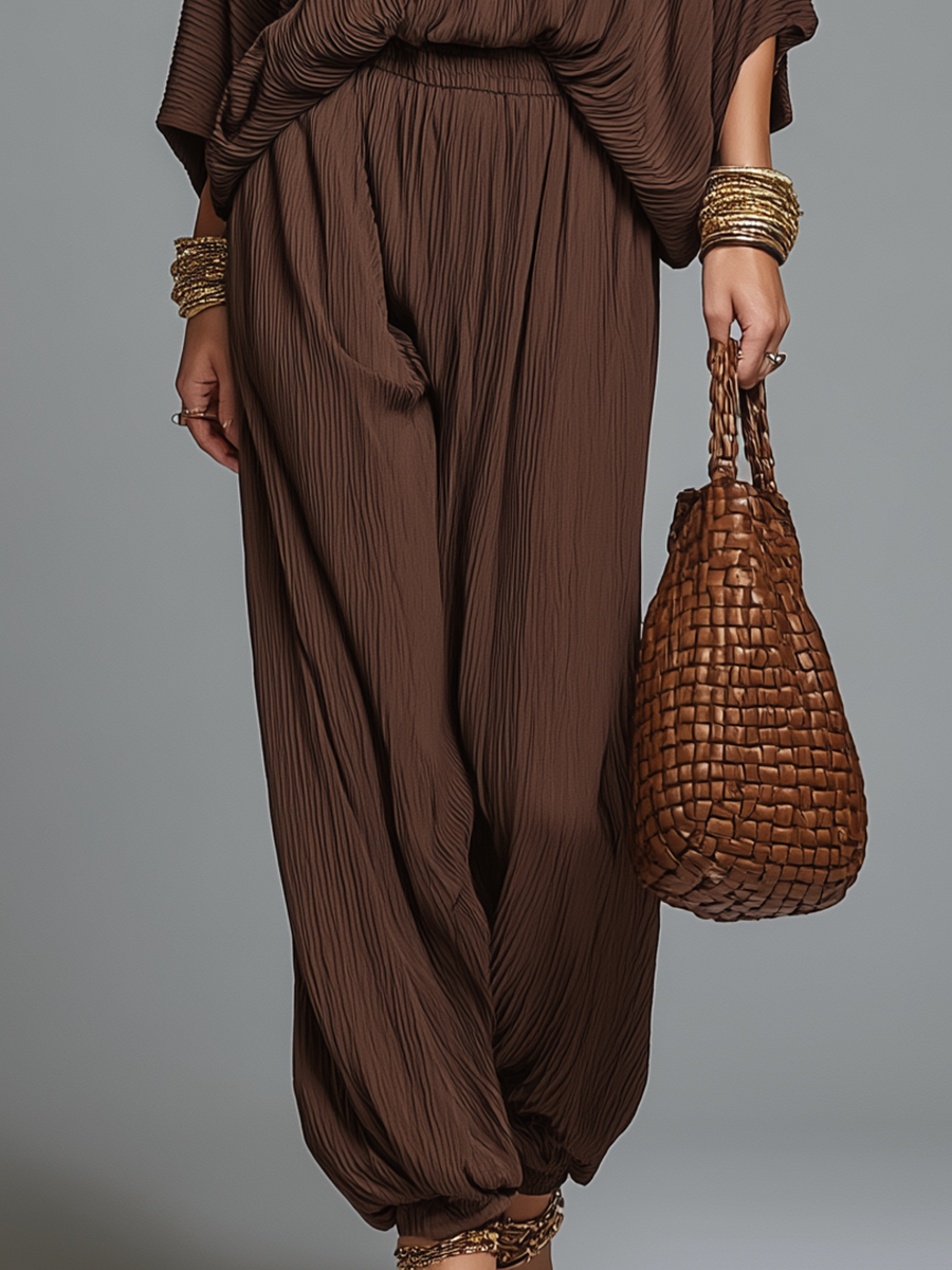 Warm Espresso Texture V-neck Batwing sleeve & Harem pants Co-ord set