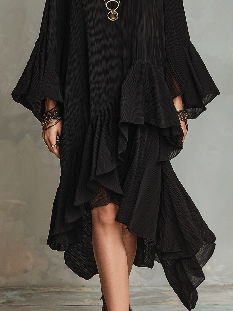 Elegant Asymmetric Ruched Black Boho Midi Dress