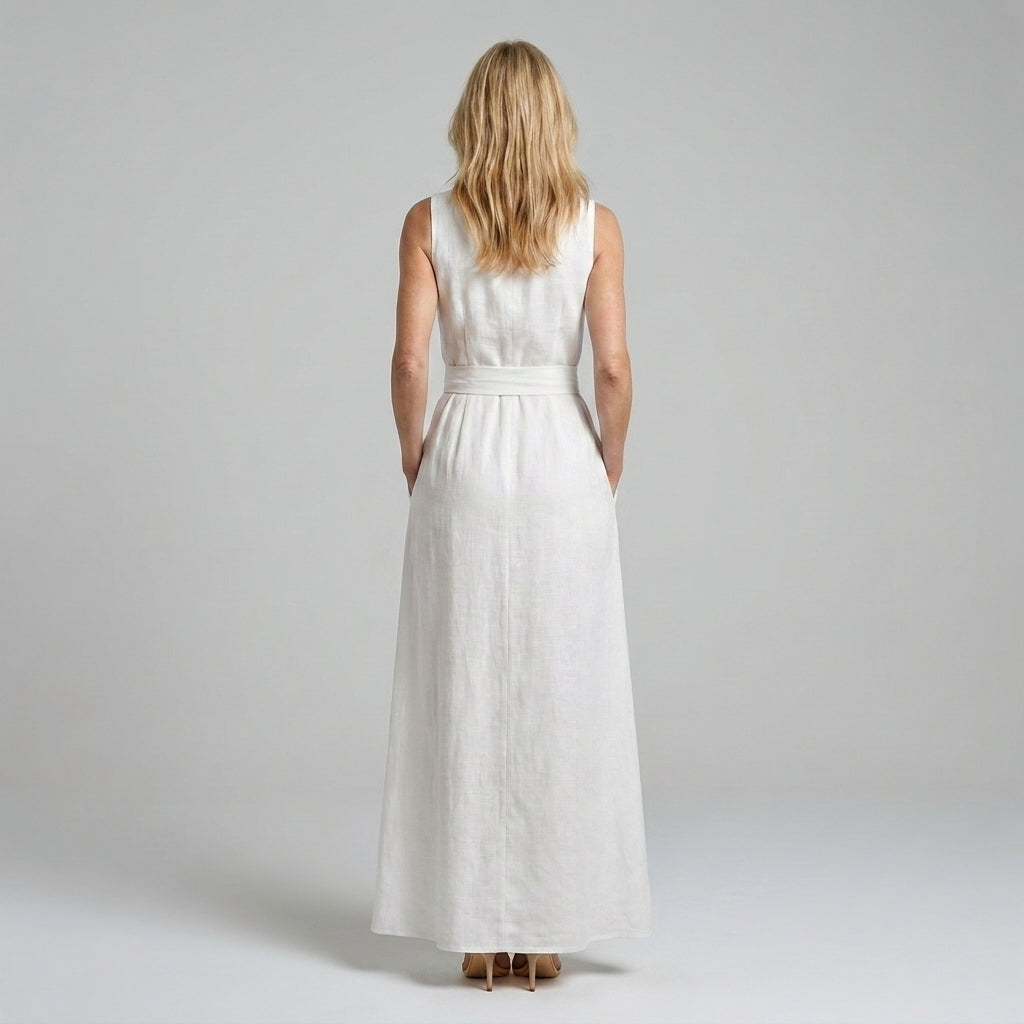 MIA white linen maxi dress, back view
