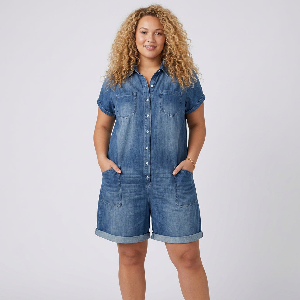 Joan | Vintage Short Cotton Denim-Look Overalls