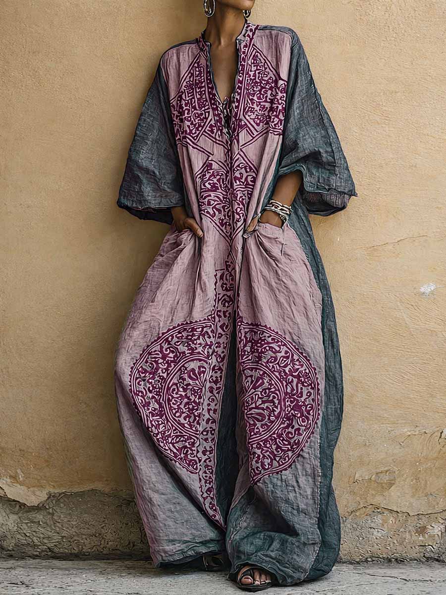 Women's Vintage Print V-neck 3/4-sleeve Jumpsuit