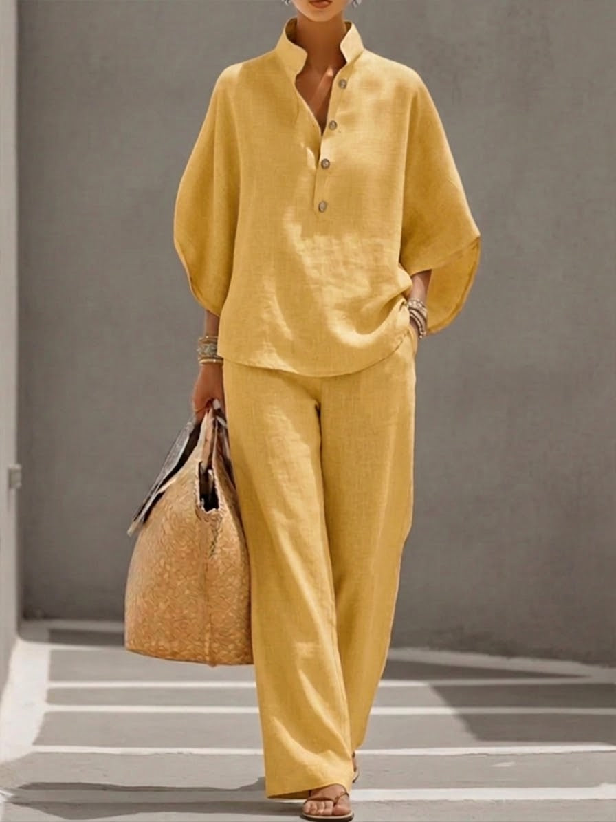 Casual Batwing Sleeve Shirt And Trousers Two-piece Set