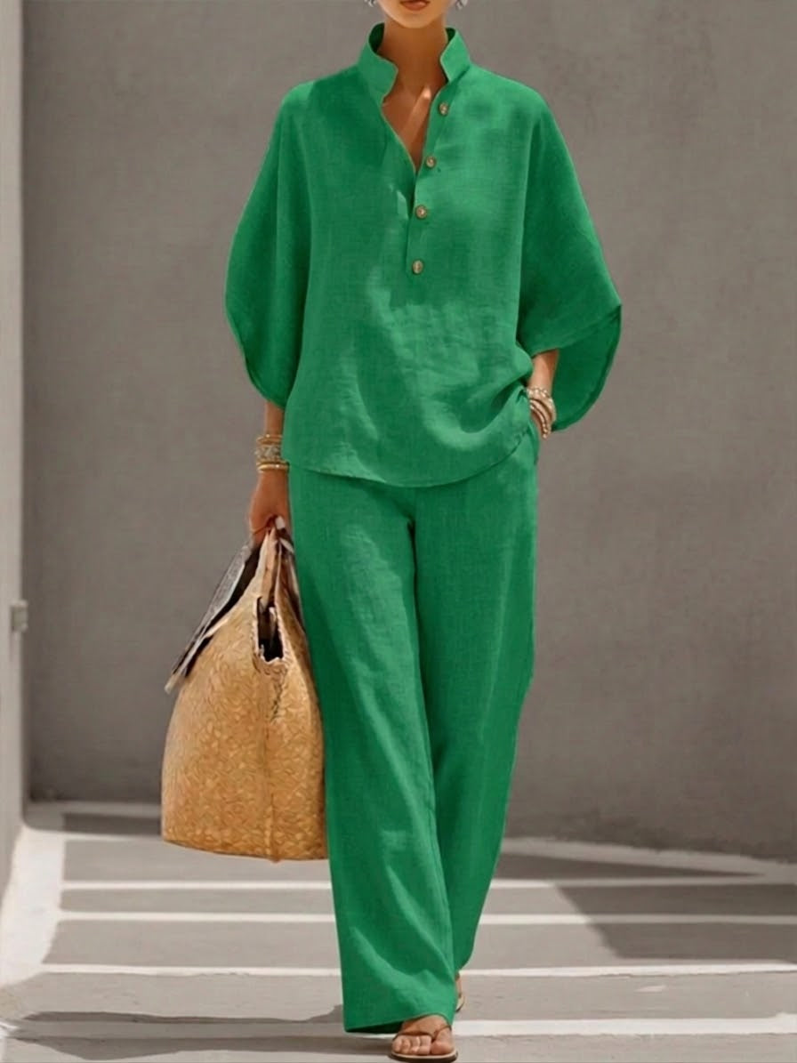 Casual Batwing Sleeve Shirt And Trousers Two-piece Set