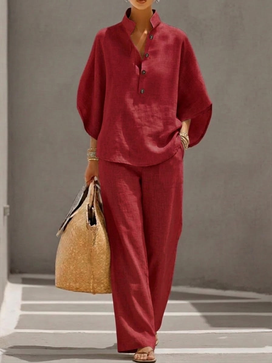 Casual Batwing Sleeve Shirt And Trousers Two-piece Set