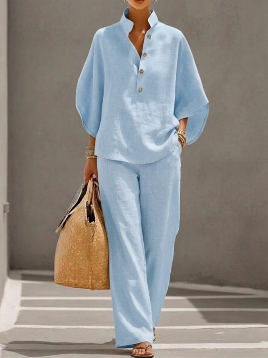Casual Batwing Sleeve Shirt And Trousers Two-piece Set