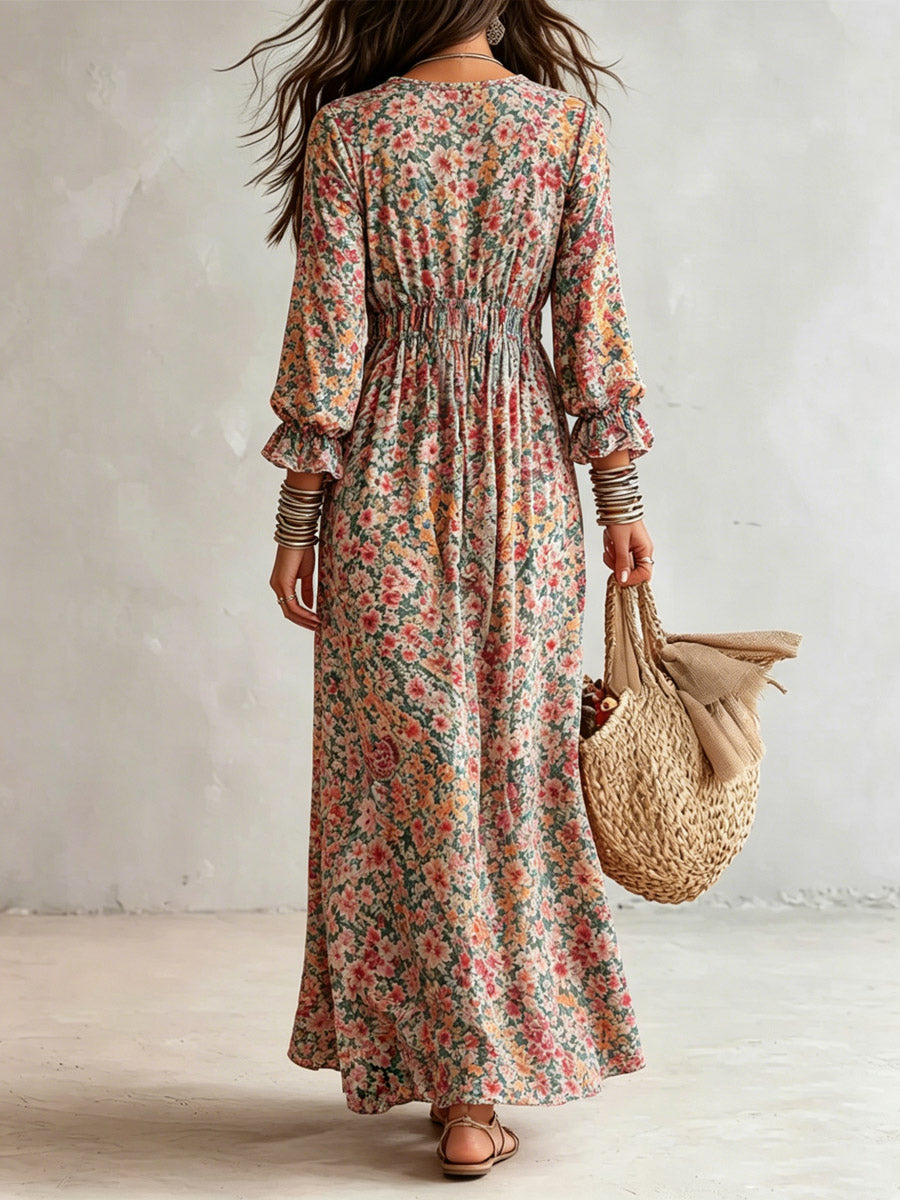 Retro Floral Art Print Long Sleeve Maxi Dress