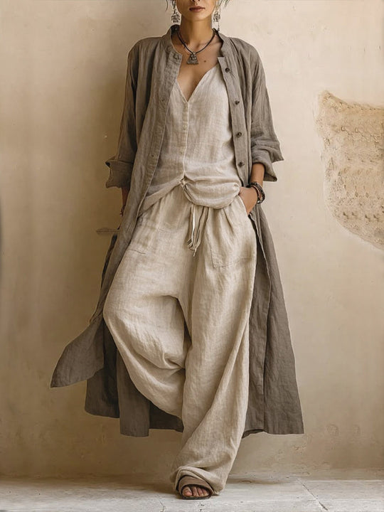 Casual Bohemian Long Cardigan And Sleeveless Top And Pants Three-piece Set