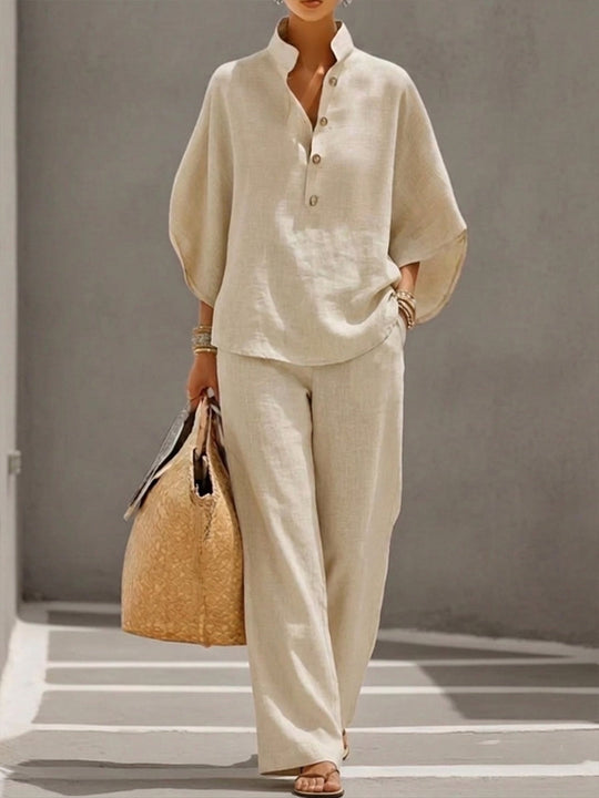 Casual Batwing Sleeve Shirt And Trousers Two-piece Set