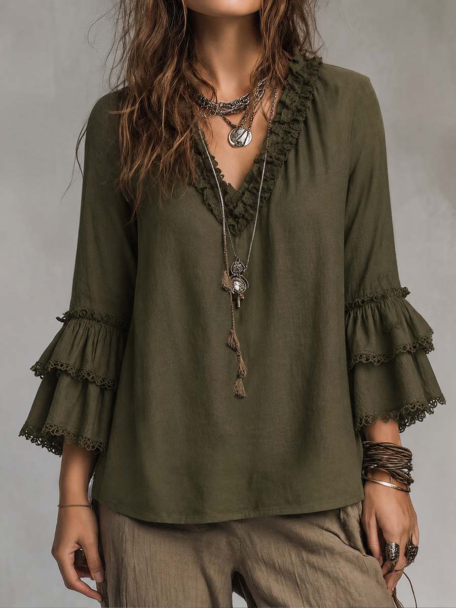 Ruffled Lace Long-Sleeved Blouse