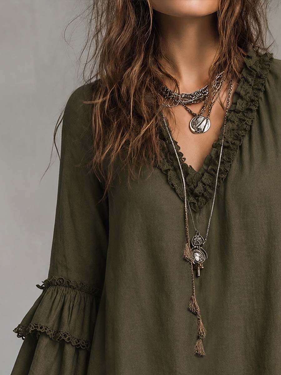 Ruffled Lace Long-Sleeved Blouse