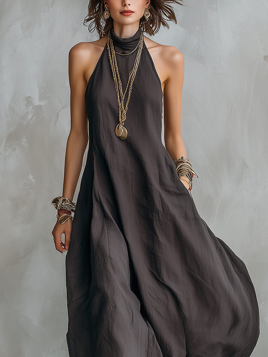 YARA | Flowing Charcoal Halter Maxi Dress