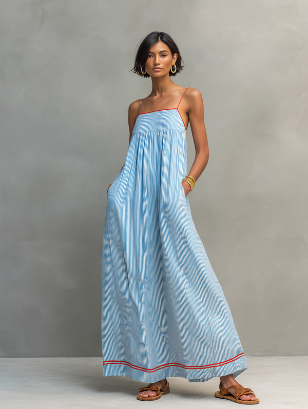 Women's Minimalist Striped Maxi Dress with Red Trim