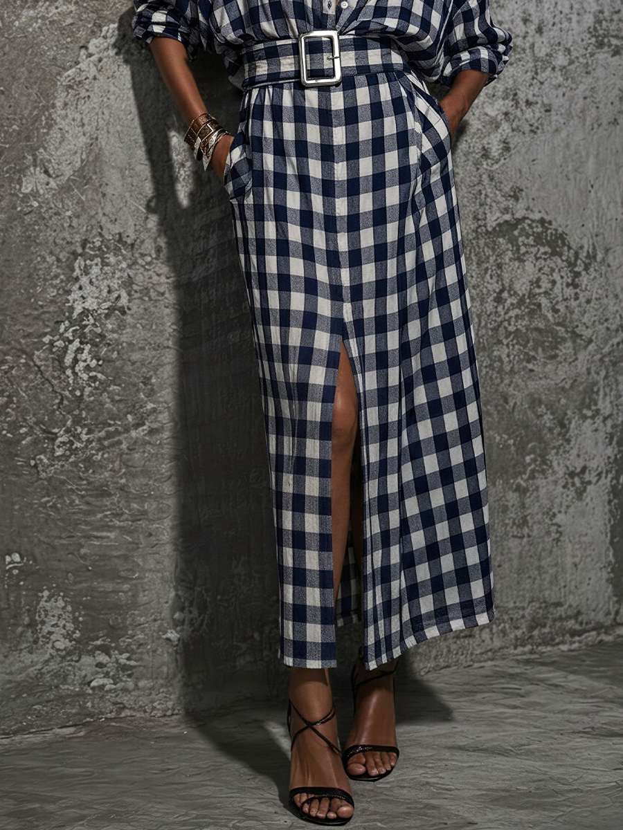 Women's Blue and White Plaid Belted Front-Slit Maxi Shirt Dress