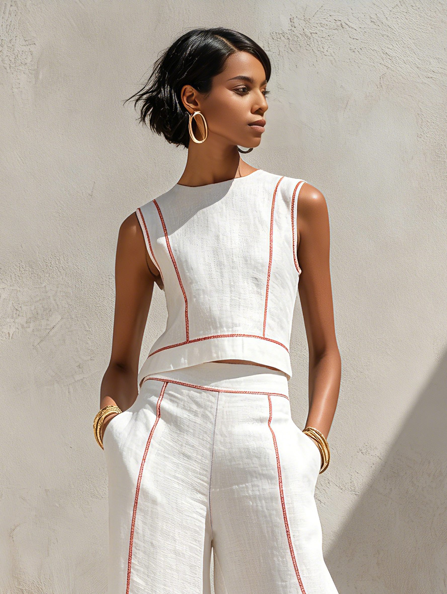 Women's Minimalist Contrast-Stitched Blouse & Wide-Leg Pants Set