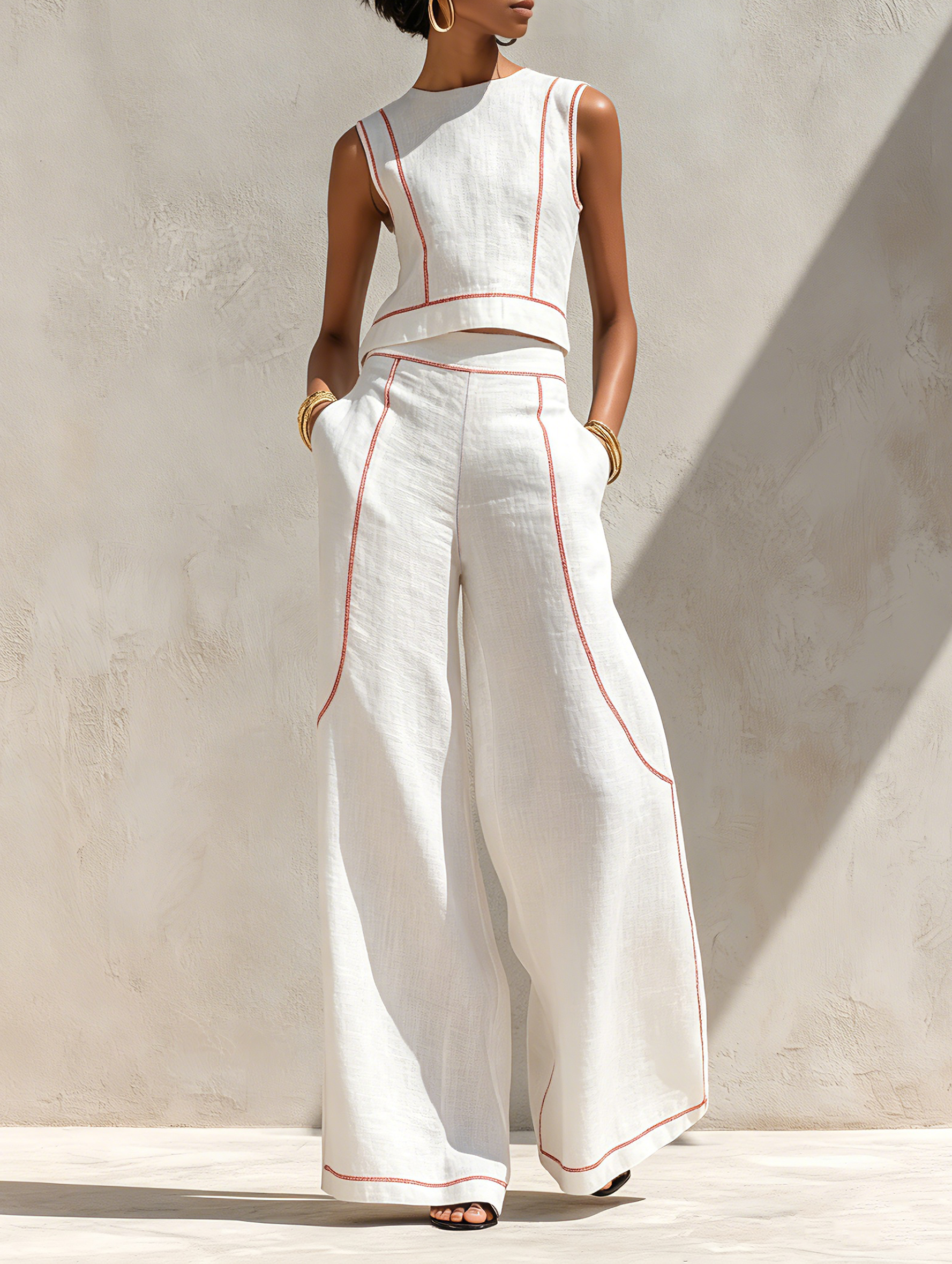 Women's Minimalist Contrast-Stitched Blouse & Wide-Leg Pants Set