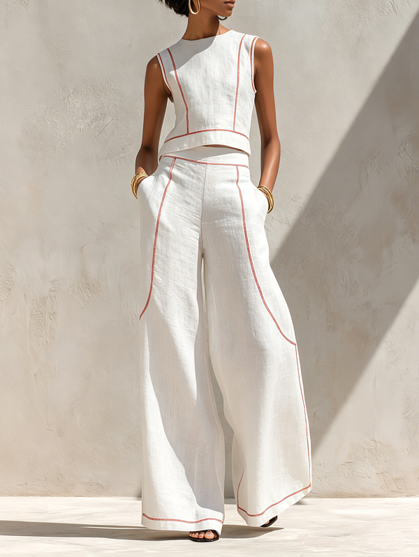 Women's Minimalist Contrast-Stitched Blouse & Wide-Leg Pants Set