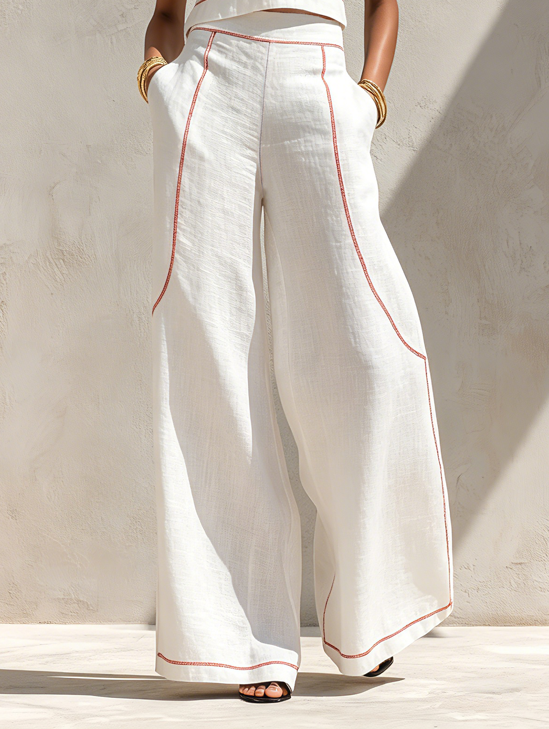 Women's Minimalist Contrast-Stitched Blouse & Wide-Leg Pants Set