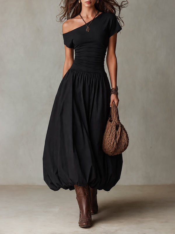 NOELLE | One-Shoulder Bubble-Hem Maxi