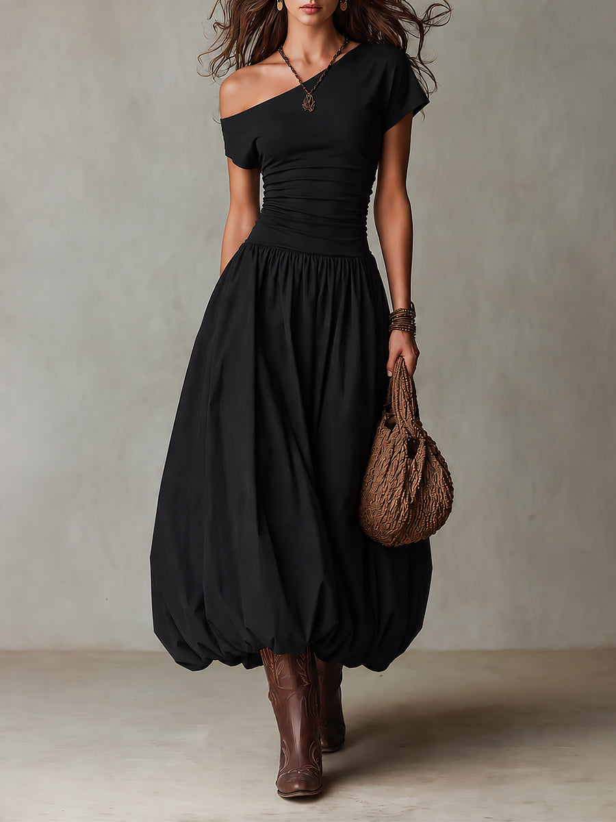 NOELLE | One-Shoulder Bubble-Hem Maxi