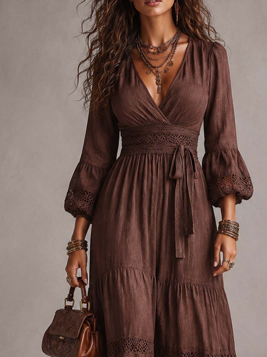 SORREL | Boho Lace-Trim Puff Sleeve Midi Dress