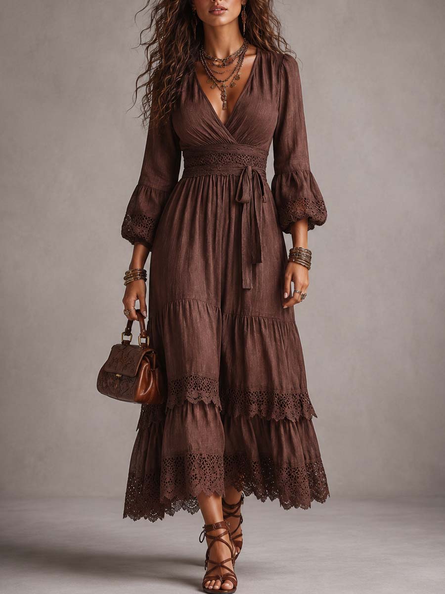 SORREL | Boho Lace-Trim Puff Sleeve Midi Dress