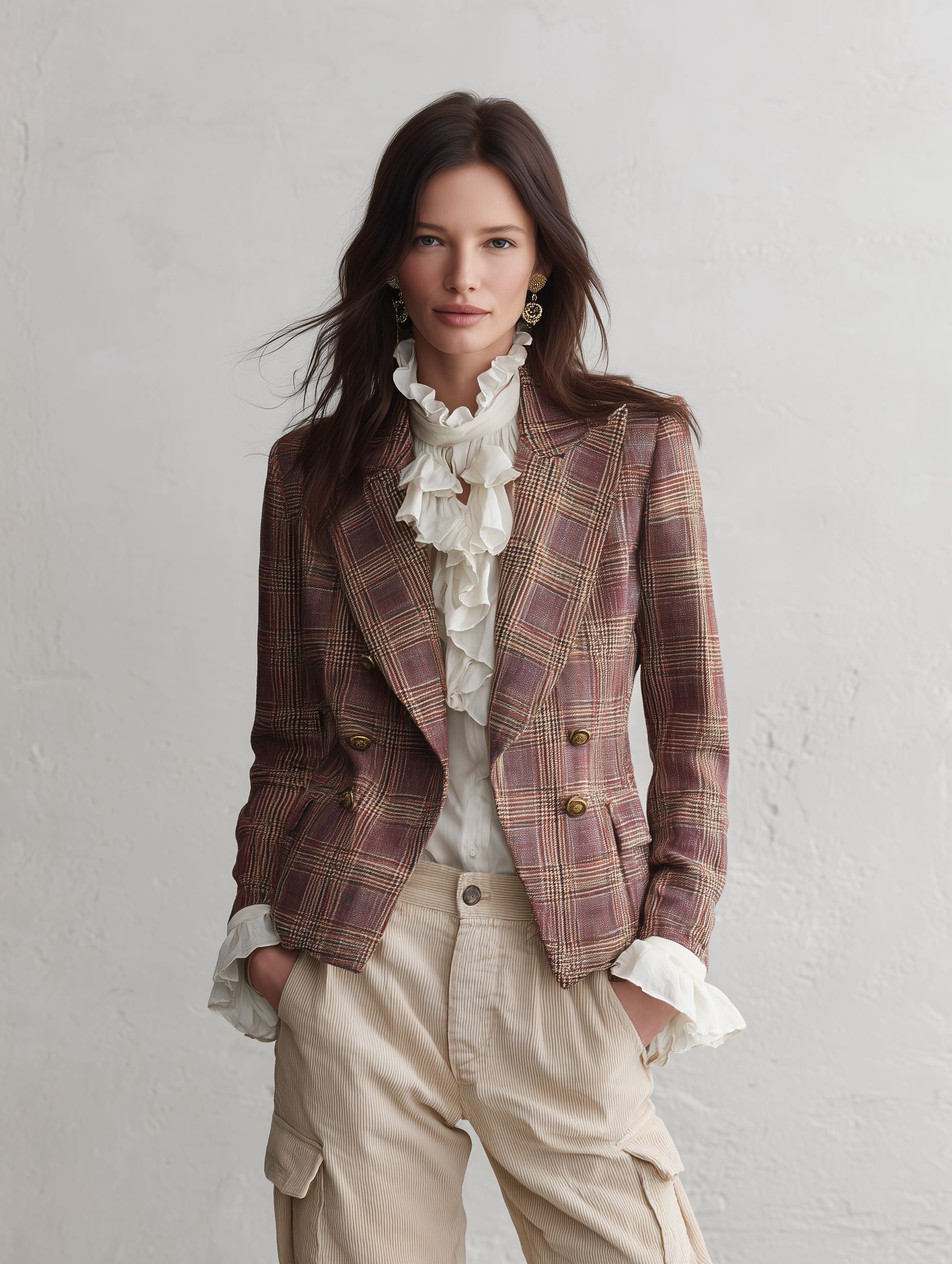 Chic Textured Brown and Pink Plaid Blazer