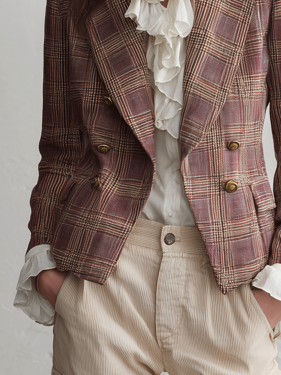 Chic Textured Brown and Pink Plaid Blazer