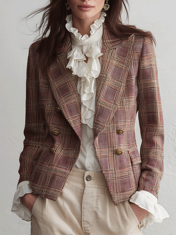 Chic Textured Brown and Pink Plaid Blazer