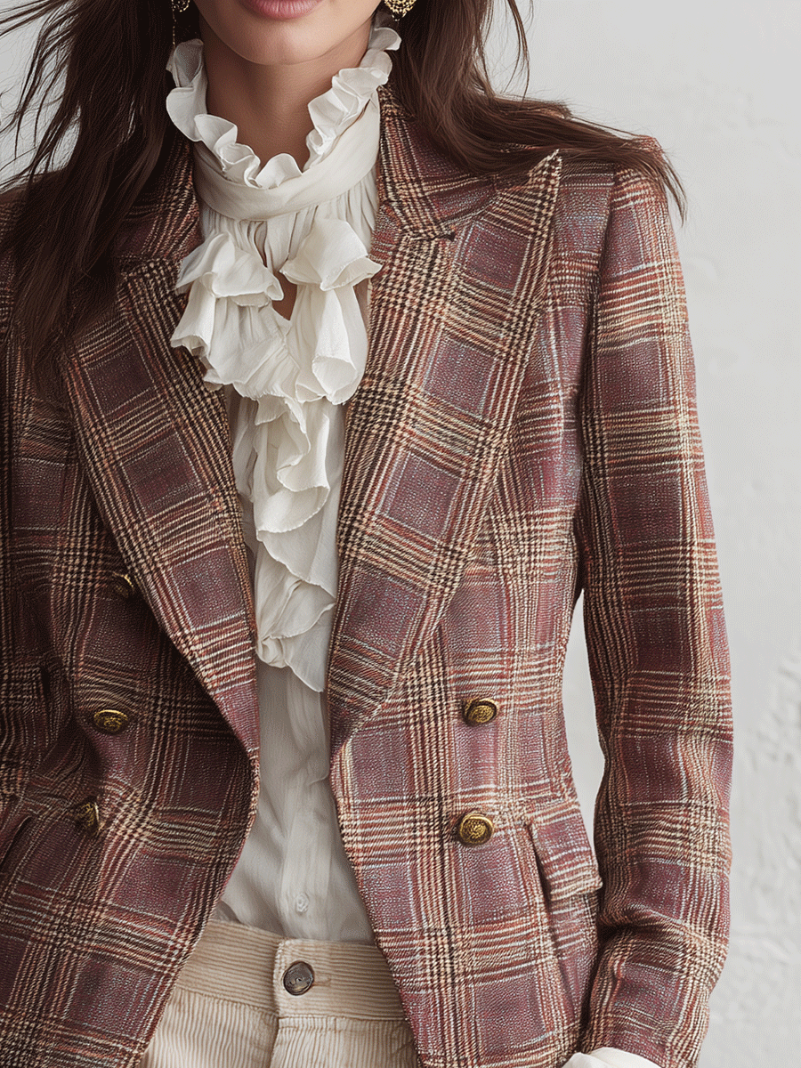 Chic Textured Brown and Pink Plaid Blazer