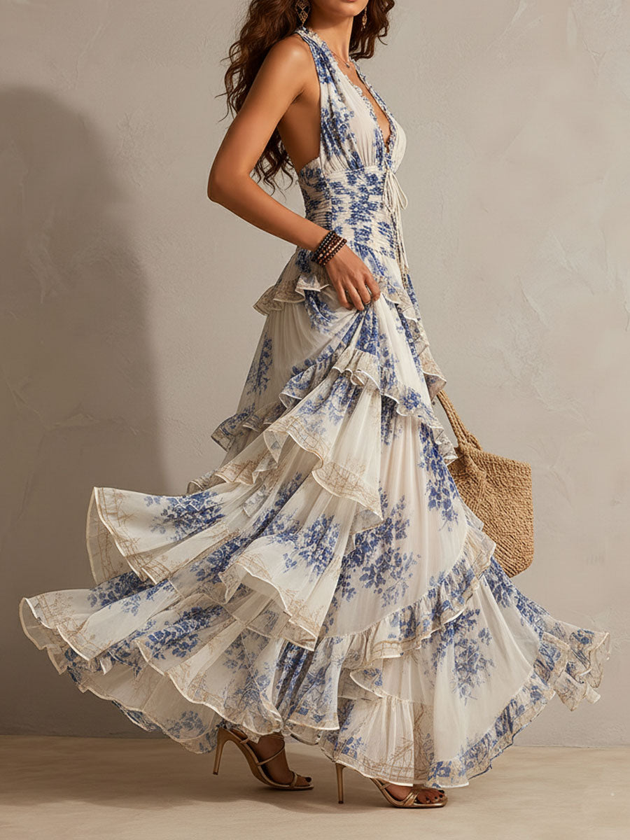 BIANCA | Floral Halter Tiered Ruffle Maxi Dress