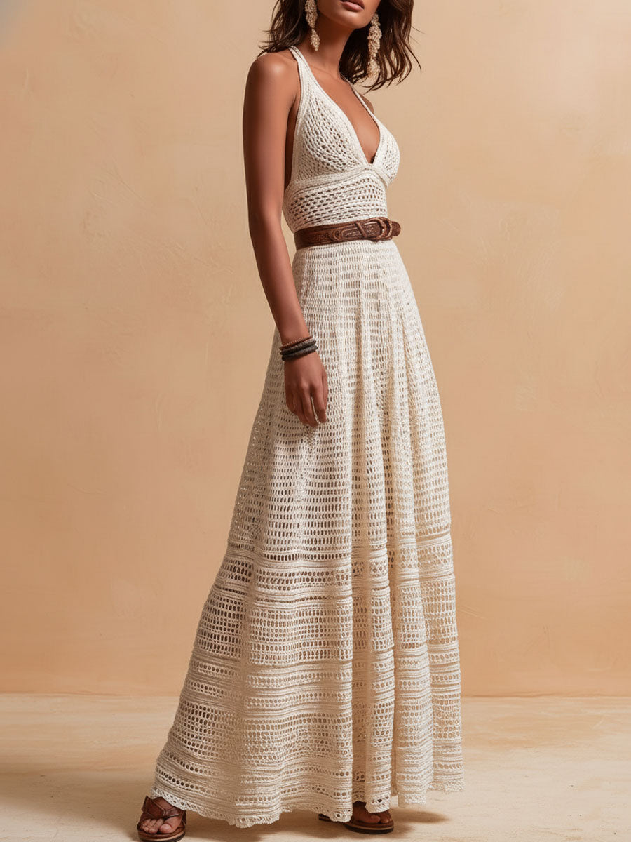 MIRA | Crochet Halter Belted Maxi Dress