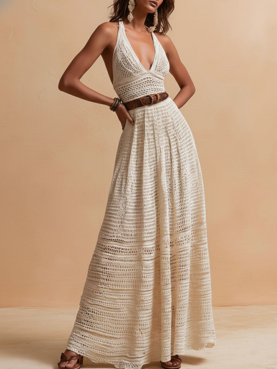 MIRA | Crochet Halter Belted Maxi Dress