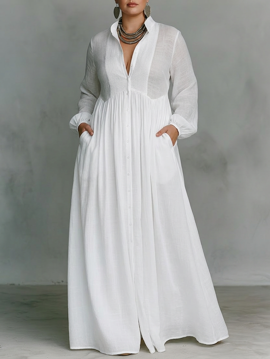 Elisa - Maxi Minimalist Dress with Patchwork, High Collar and Long Sleeves