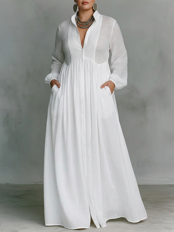 Elisa - Maxi Minimalist Dress with Patchwork, High Collar and Long Sleeves