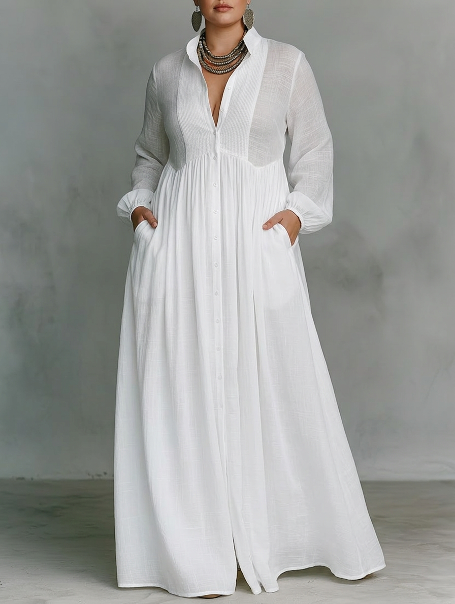 Elisa - Maxi Minimalist Dress with Patchwork, High Collar and Long Sleeves - Plus size model