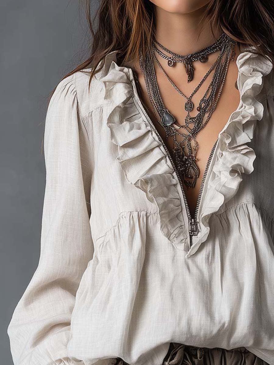 Zip-Front Ruffled Bohemian Blouse