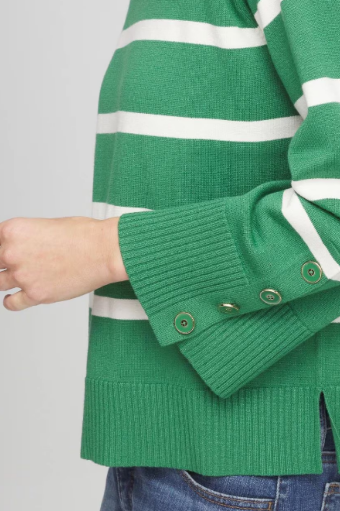 Striped Button Sleeve Crewneck Pullover Sweater