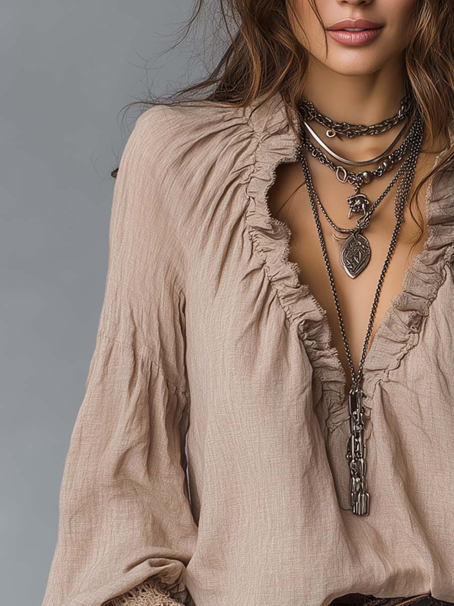Ruffled Pleated V-Neck Blouse