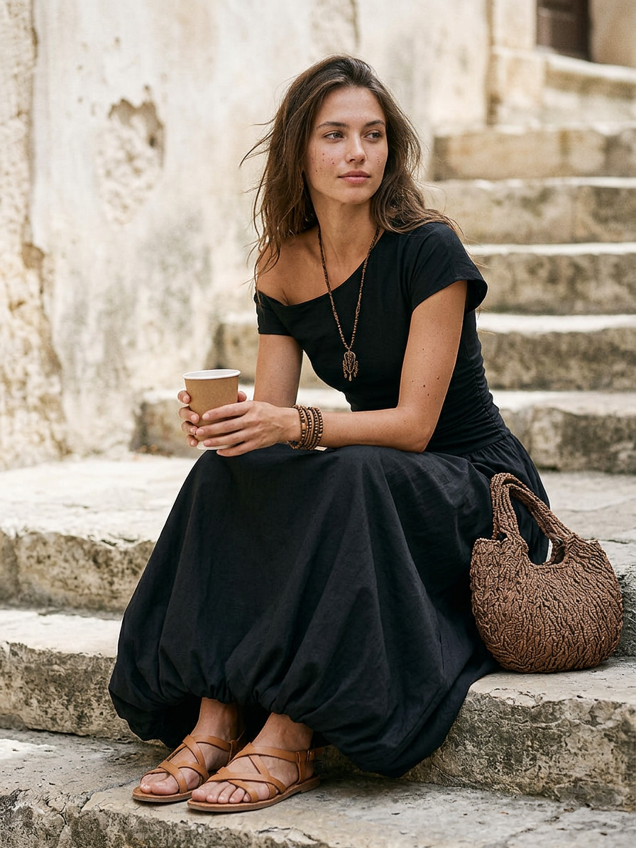 NOELLE | One-Shoulder Bubble-Hem Maxi
