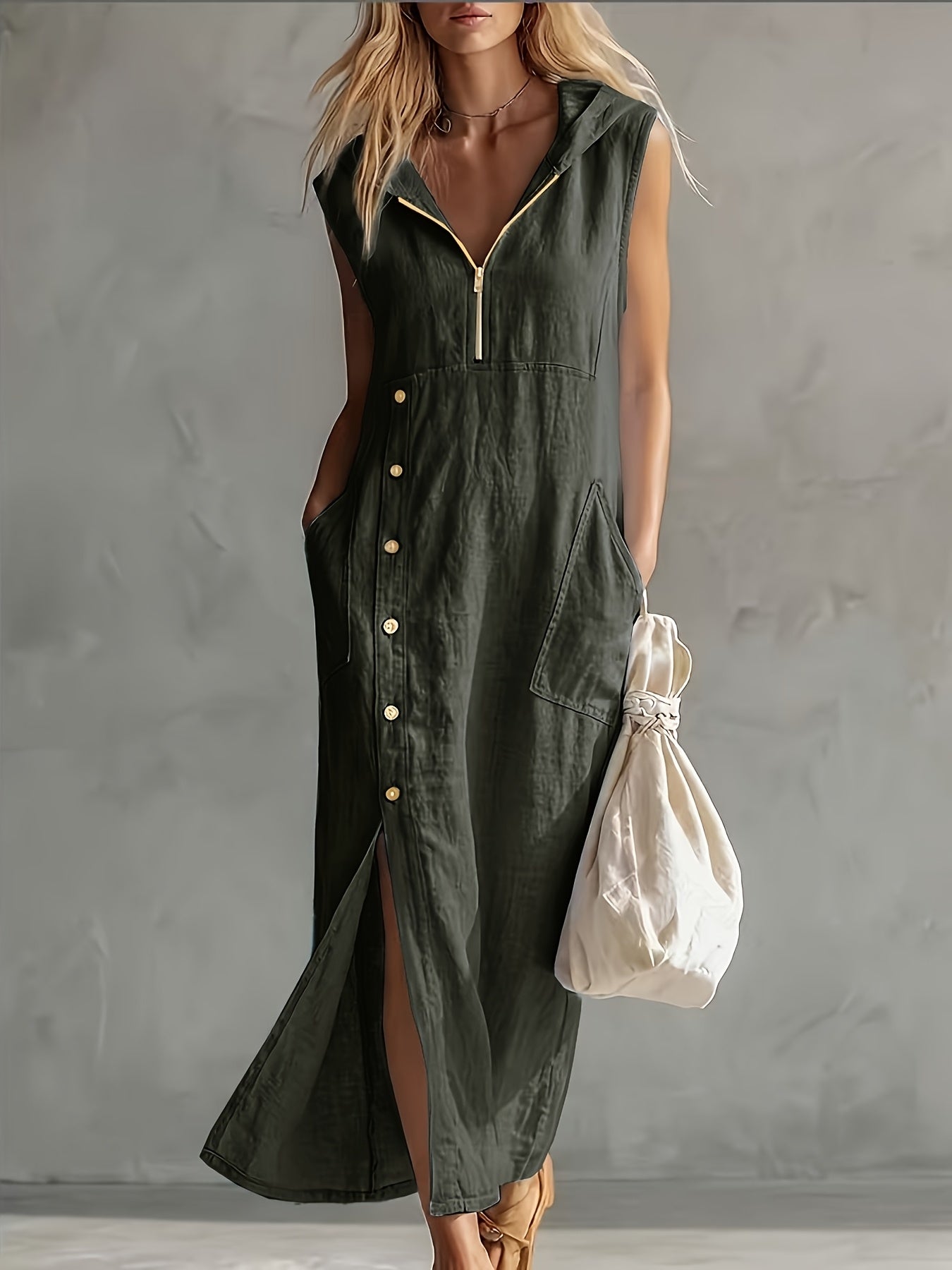 SVEA | Hooded Zip Button Maxi Dress