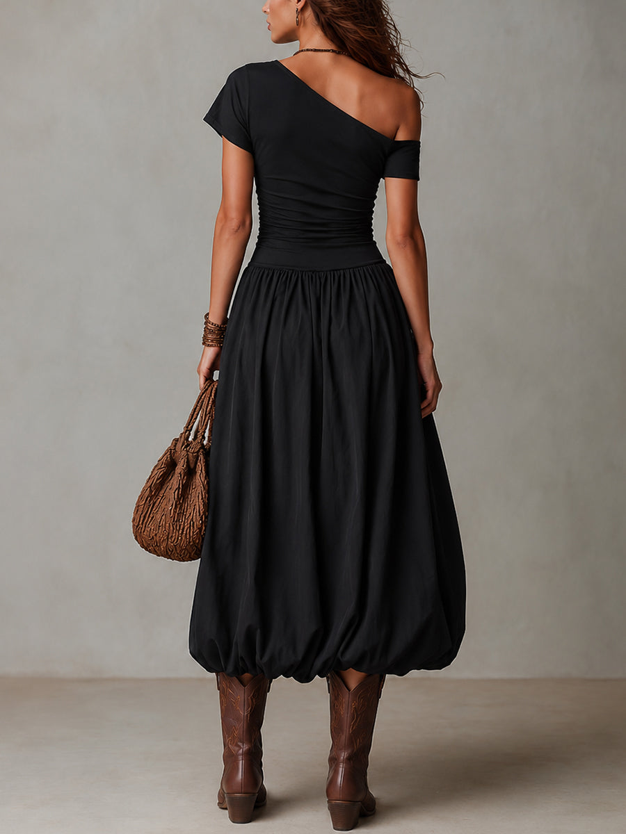 NOELLE | One-Shoulder Bubble-Hem Maxi