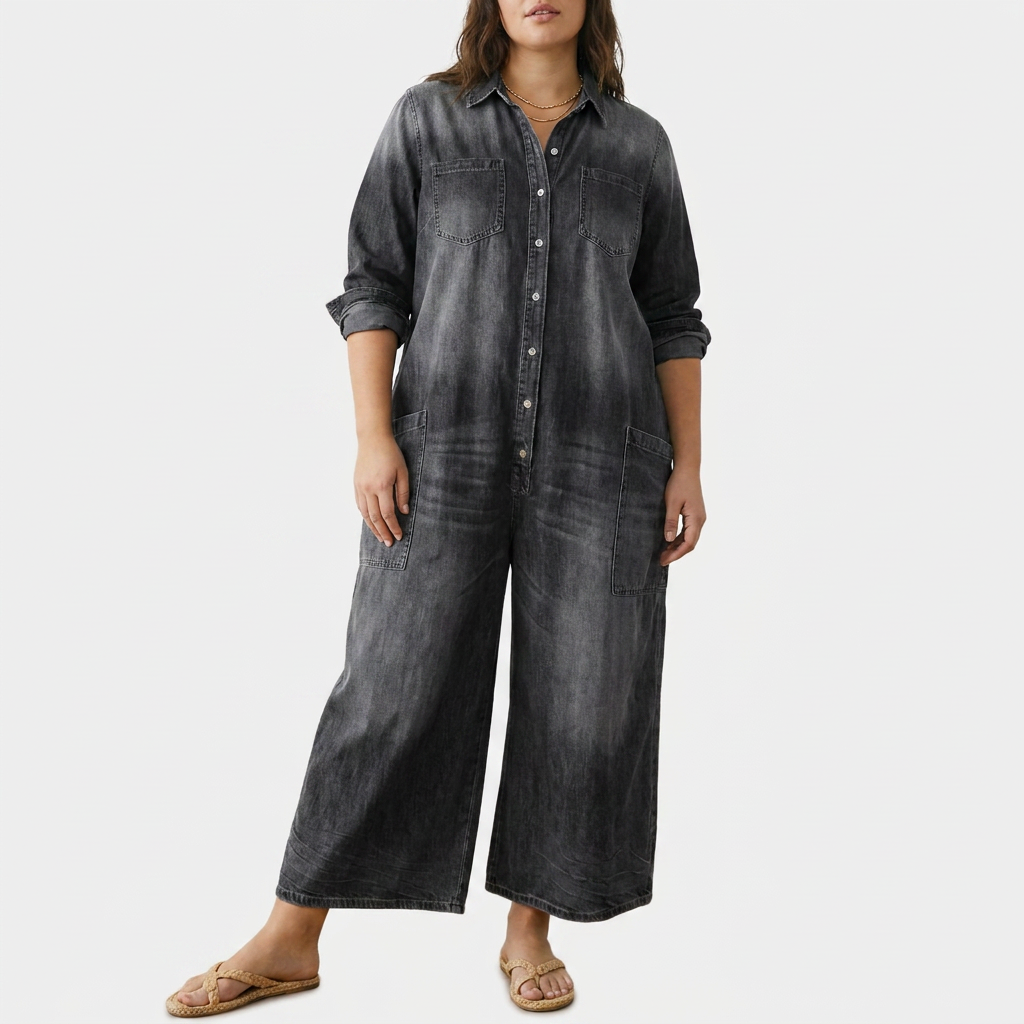 Diana | Vintage Washed Soft Cotton Denim Jumpsuit with Button Closure