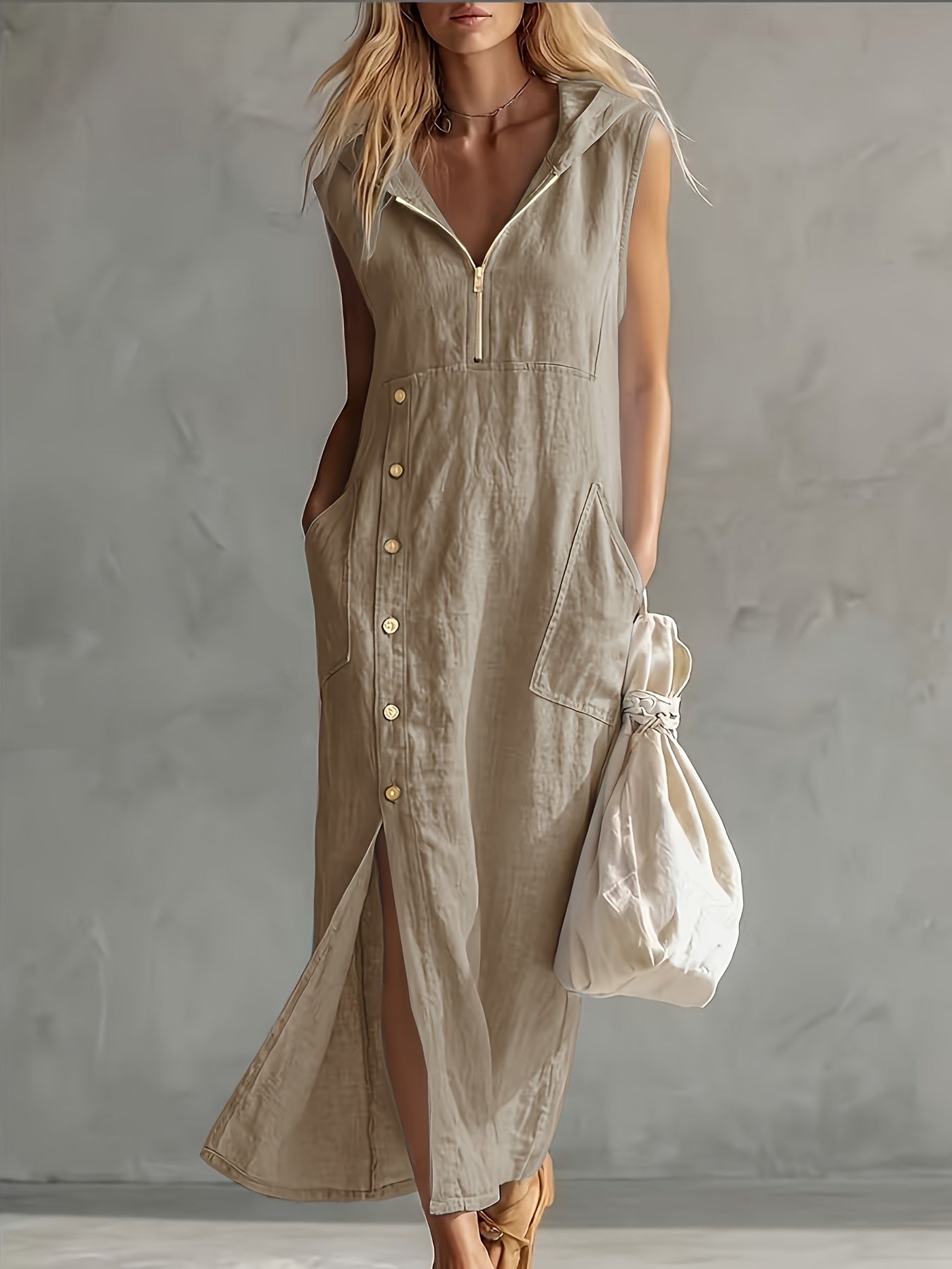 SVEA | Hooded Zip Button Maxi Dress